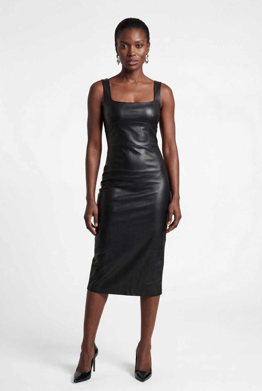 Zoyri | Square Neck Faux Leather Midi Dress